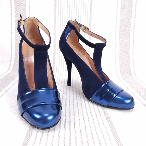 Robert Clergerie Heels EU 39 US 8.5 Blue Suede Shoes Classy T Strap Stiletto - Picture 1 of 16